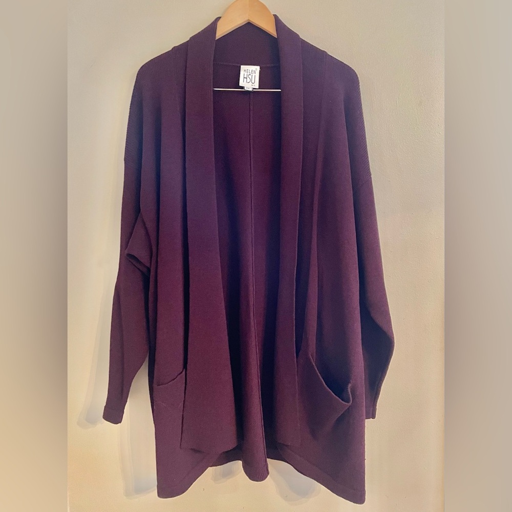 Vintage Helen HSU NY Long Rich Burgundy Open Cardigan Sweater- EUC